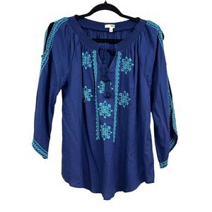 Sonoma Womens Tunic Top Blouse‎ Boho Embroidered 3/4 Flare Sleeve Blue Teal Sz S